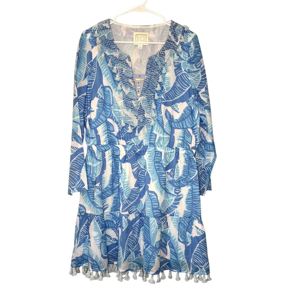 Sail to Sable NWT Blue Palm Print Tassel Trim Coastal Resort Cotton Dress L